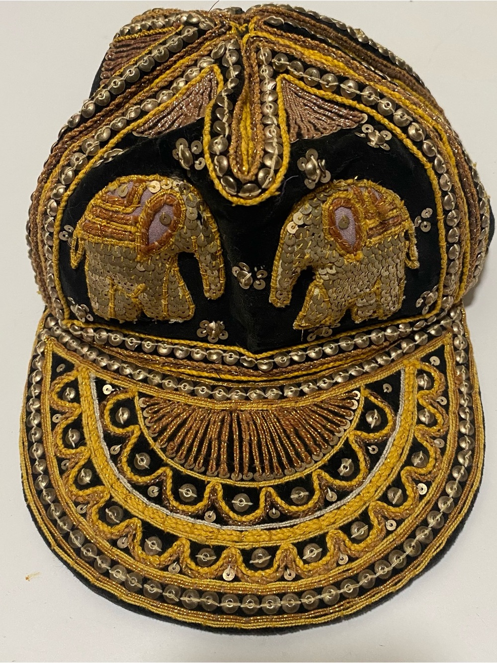 Vintage Made in Myanmar Burma Black Velvet Gold Sequin Embroidered Elephant Cap
